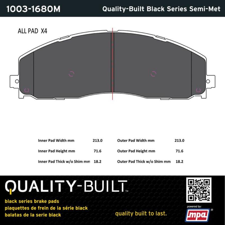 MPA 1003-1680M Quality-Built Black Series Semi-Metallic Brake Pads w/ Hardware