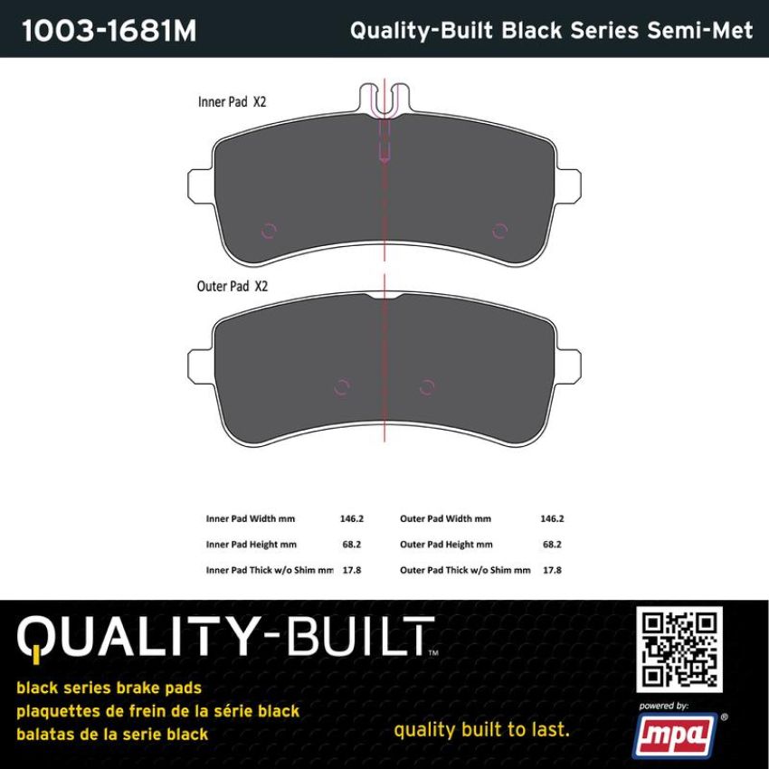 MPA 1003-1681M Quality-Built Black Series Semi-Metallic Brake Pads