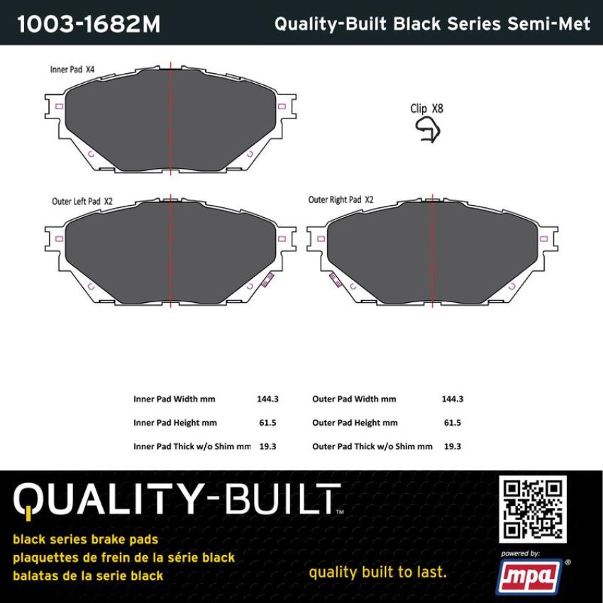 MPA 1003-1682M Quality-Built Black Series Semi-Metallic Brake Pads w/ Hardware