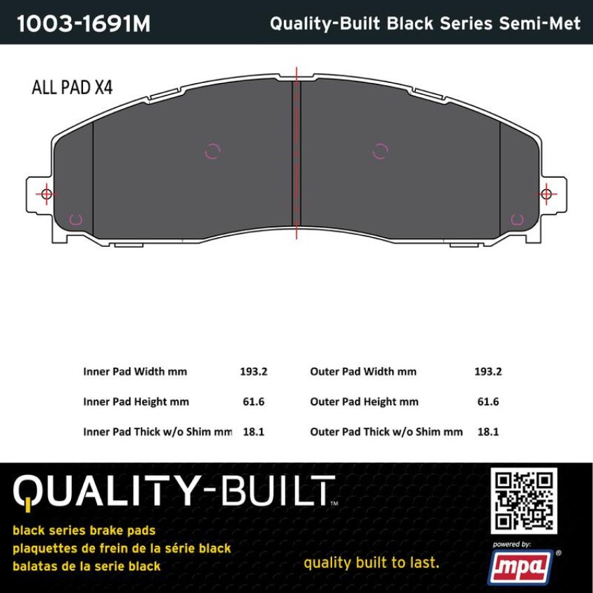 MPA 1003-1691M Quality-Built Black Series Semi-Metallic Brake Pads w/ Hardware