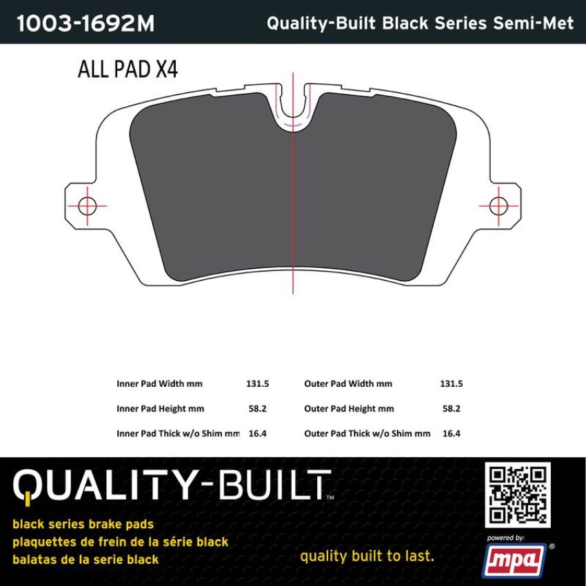 MPA 1003-1692M Quality-Built Black Series Semi-Metallic Brake Pads w/ Hardware