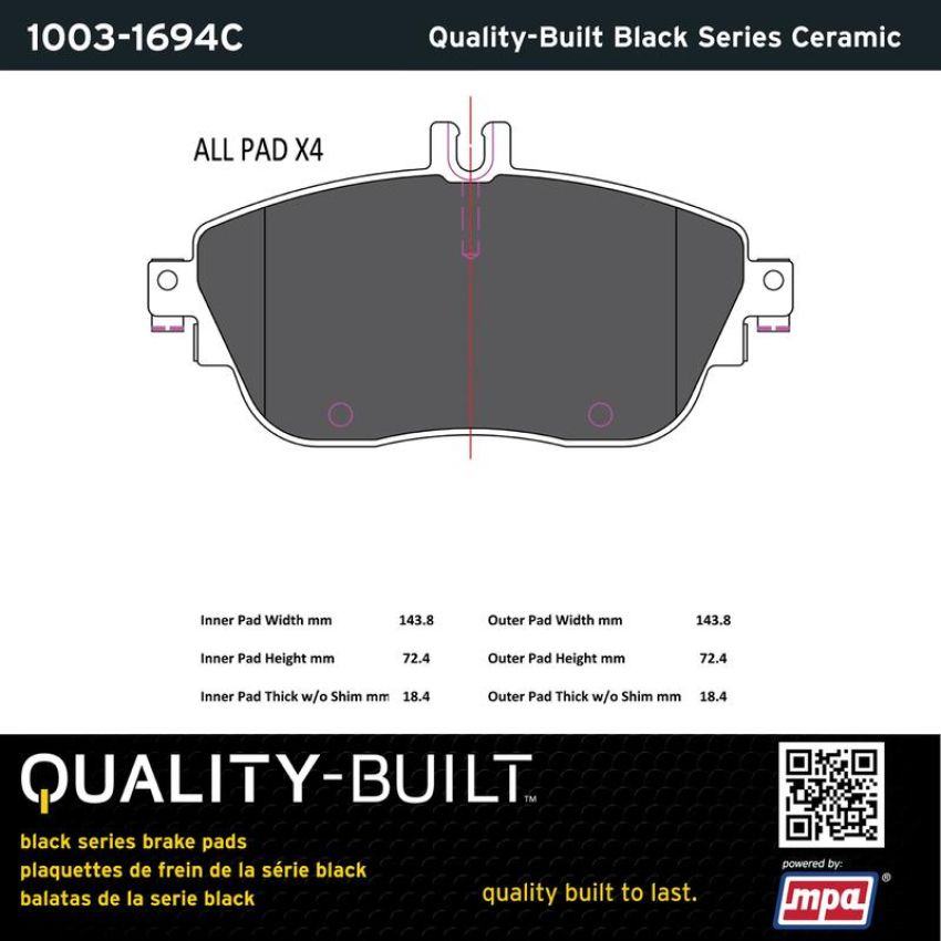 MPA 1003-1694C Quality-Built Black Series Ceramic Brake Pads w/ Hardware
