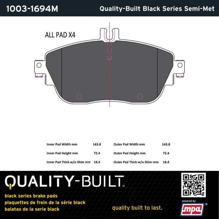 MPA 1003-1694M Quality-Built Black Series Semi-Metallic Brake Pads w/ Hardware