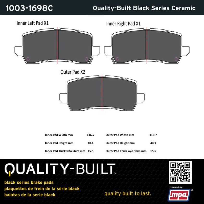 MPA 1003-1698C Quality-Built Black Series Ceramic Brake Pads w/ Hardware