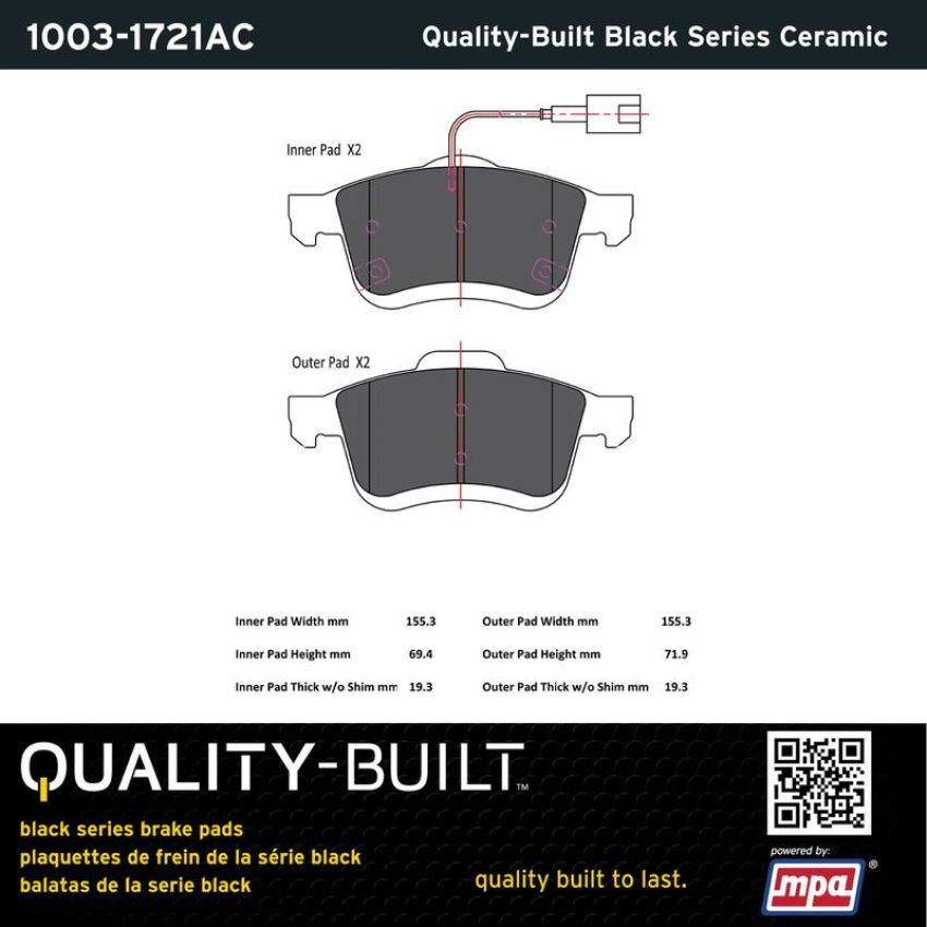 MPA 1003-1721AC Quality-Built Black Series Ceramic Brake Pads w/ Hardware
