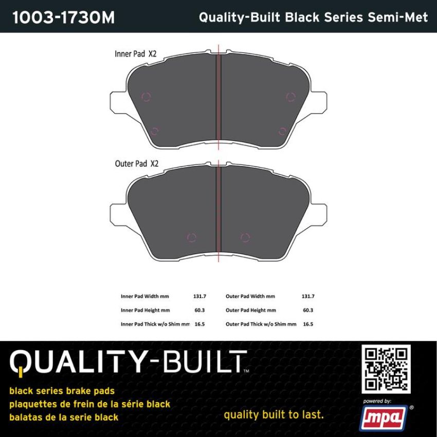 MPA 1003-1730M Quality-Built Black Series Semi-Metallic Brake Pads w/ Hardware