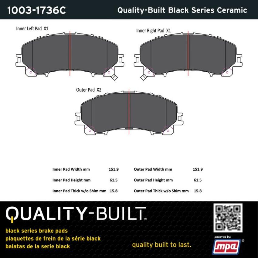 MPA 1003-1736C Quality-Built Black Series Ceramic Brake Pads w/ Hardware