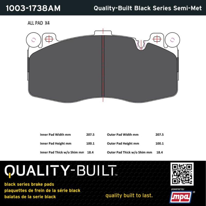 MPA 1003-1738AM Quality-Built Black Series Semi-Metallic Brake Pads w/ Hardware