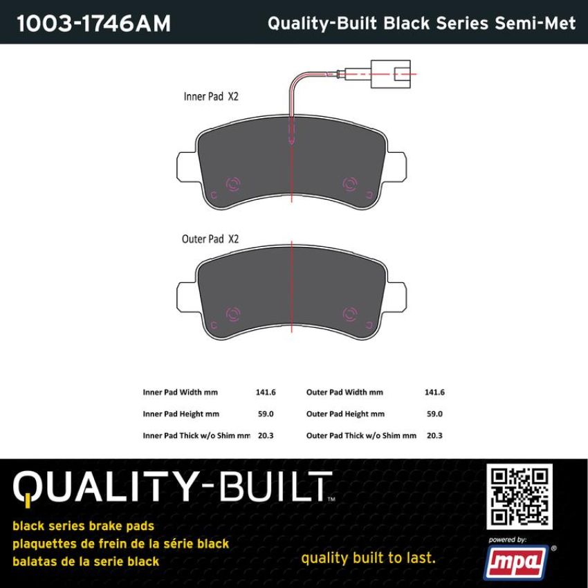 MPA 1003-1746AM Quality-Built Black Series Semi-Metallic Brake Pads w/ Hardware