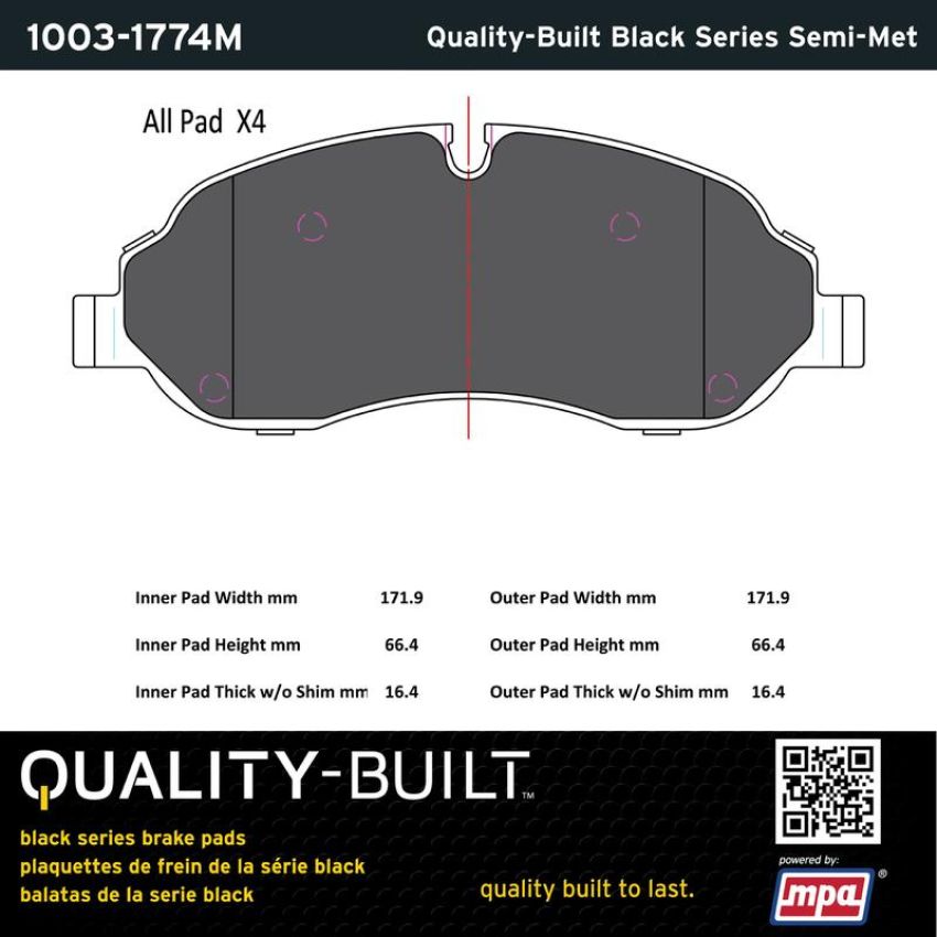 MPA 1003-1774M Quality-Built Black Series Semi-Metallic Brake Pads w/ Hardware