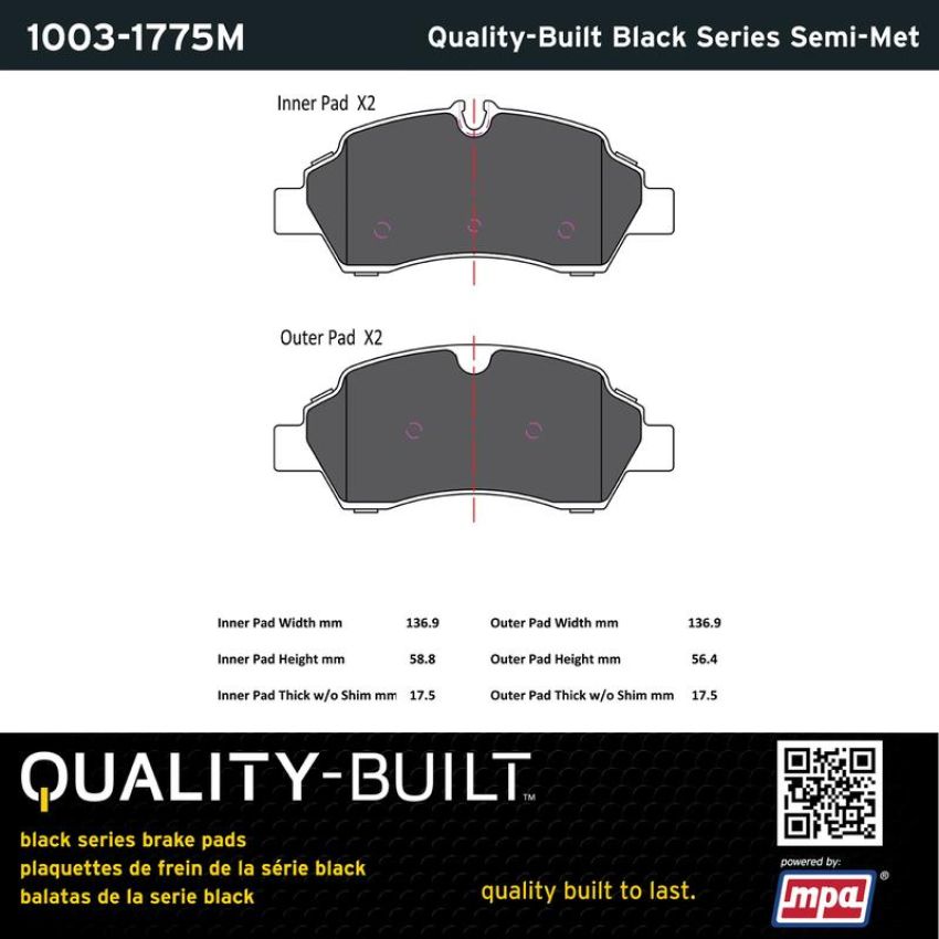 MPA 1003-1775M Quality-Built Black Series Semi-Metallic Brake Pads w/ Hardware