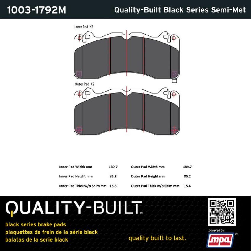 MPA 1003-1792M Quality-Built Black Series Semi-Metallic Brake Pads w/ Hardware