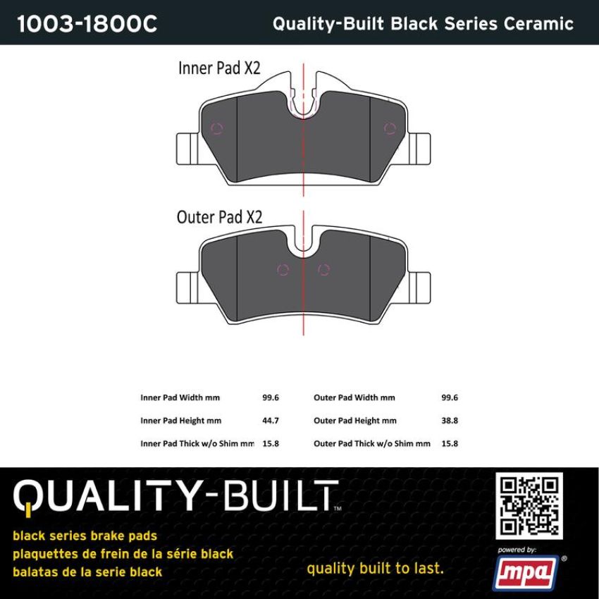 MPA 1003-1800C Quality-Built Black Series Ceramic Brake Pads w/ Hardware
