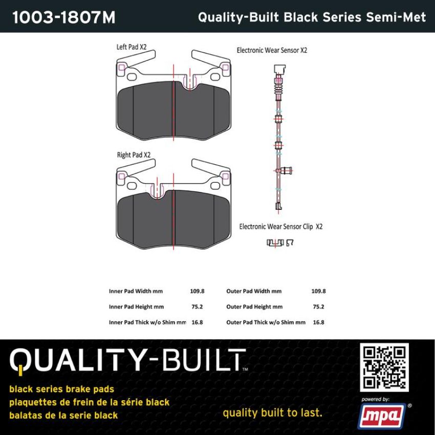 MPA 1003-1807M Quality-Built Black Series Semi-Metallic Brake Pads