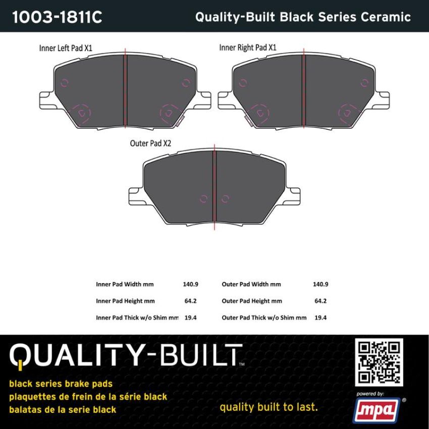 MPA 1003-1811C Quality-Built Black Series Ceramic Brake Pads w/ Hardware