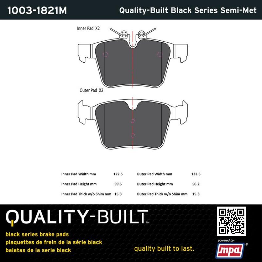 MPA 1003-1821M Quality-Built Black Series Semi-Metallic Brake Pads w/ Hardware