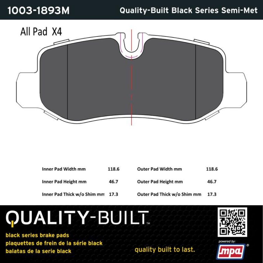 MPA 1003-1893M Quality-Built Black Series Semi-Metallic Brake Pads