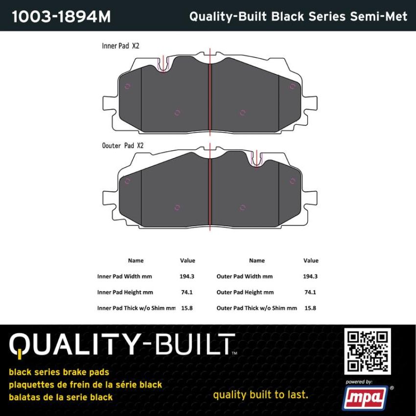 MPA 1003-1894M Quality-Built Black Series Semi-Metallic Brake Pads