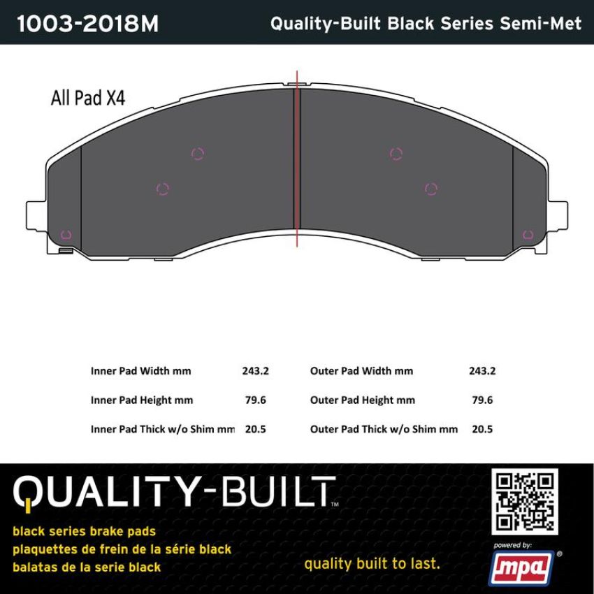 MPA 1003-2018M Quality-Built Black Series Semi-Metallic Brake Pads w/ Hardware