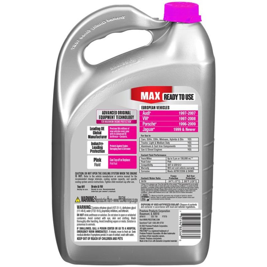 Prestone AF6410 Prestone MAX Original Equipment Antifreeze+Coolant. Euro Pink, 50/50 RTU, 1 Gal