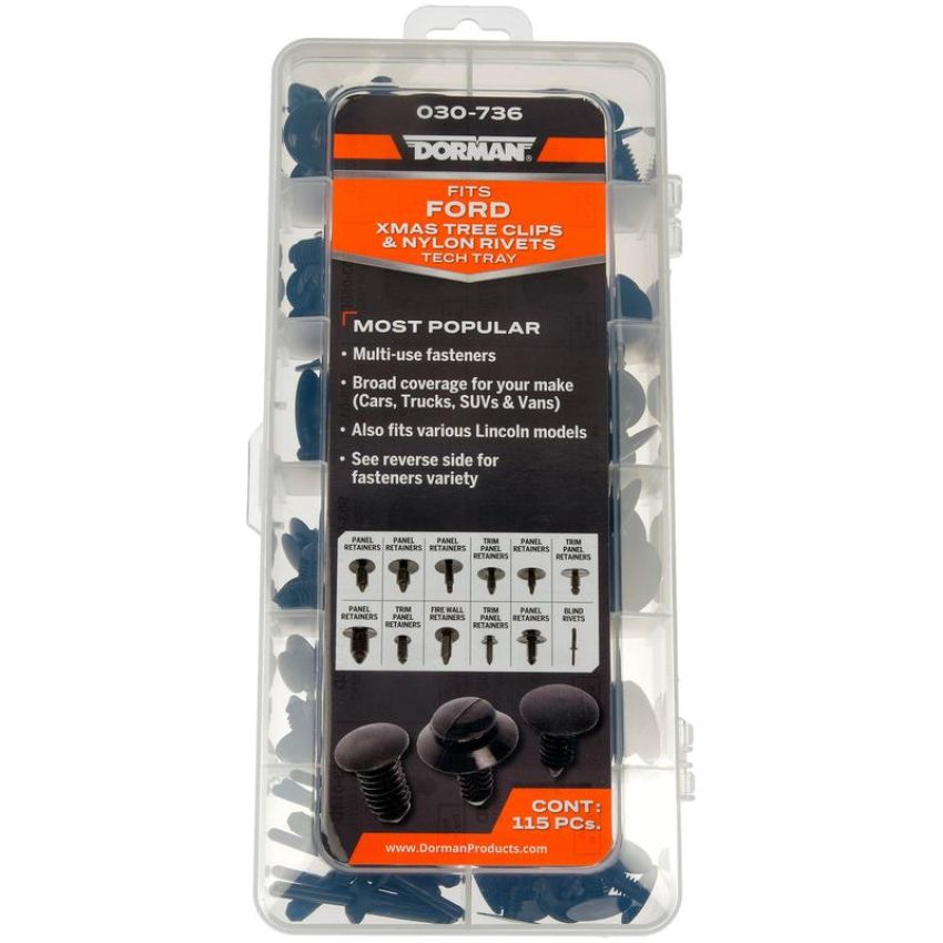 DORMAN 030-736 Ford Fastener Tech Tray - Xmas Tree Clips And Nylon Rivets