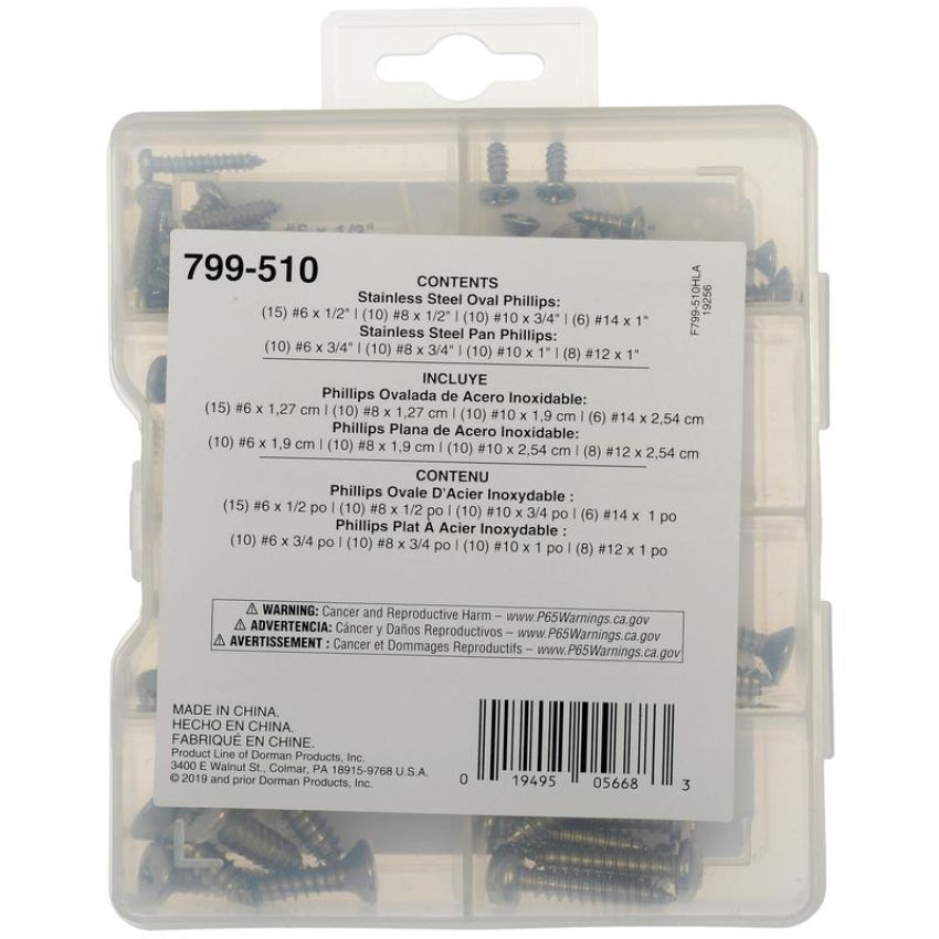 DORMAN 799-510 Sheet Metal Screw Stainless Steel Value Pack- 8 Sku's- 79 Pieces