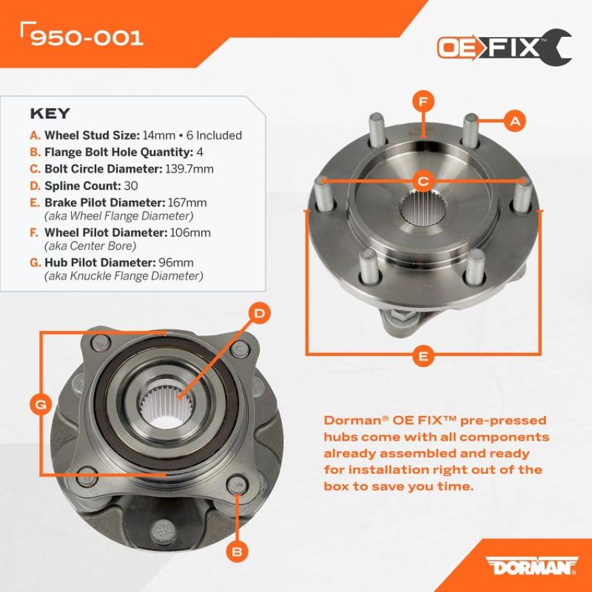 DORMAN 950-001 Pre-Pressed Hub Assembly - Front