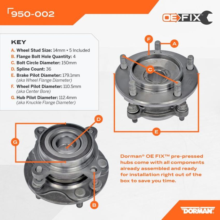 DORMAN 950-002 Pre-Pressed Hub Assembly - Front
