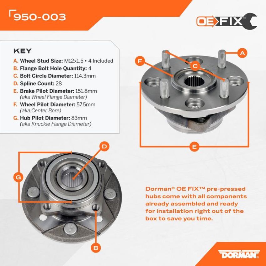 DORMAN 950-003 Pre-Pressed Hub Assembly - Front