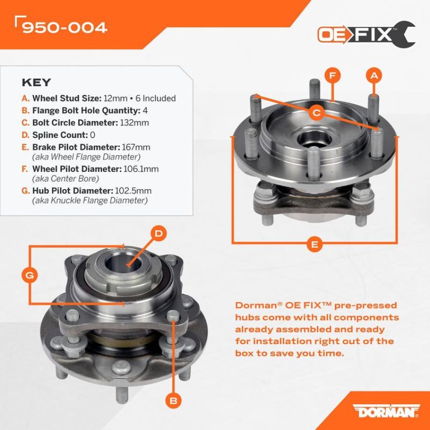 DORMAN 950-004 Pre-Pressed Hub Assembly - Front