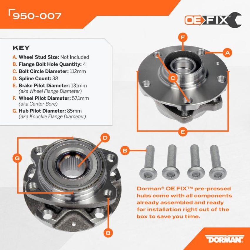 DORMAN 950-007 Pre-Pressed Hub Assembly - Front