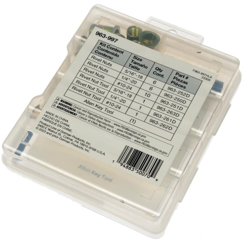 DORMAN 963-997 Rivet Nuts And Hand Tool Assortment - #10-24, 1/4-20, 5/16-18
