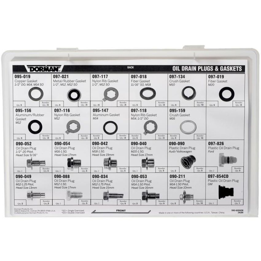 DORMAN 990-600 Oil Drain Plug And Gaskets Tech Tray (23 SKUs / 79 Pieces)