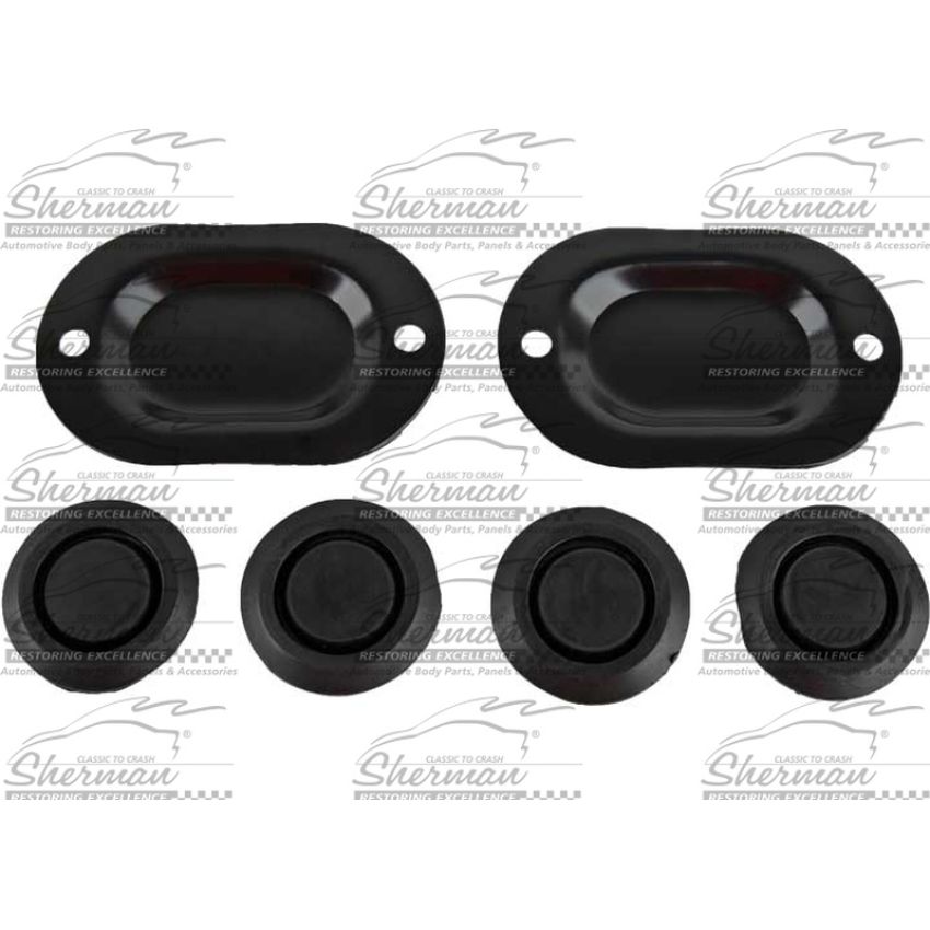 DRAIN HOLE COVERLETS (2) W/ SCREWS&4 PLUGS UNIV MUSTANG 64-70; COUGAR 69-70