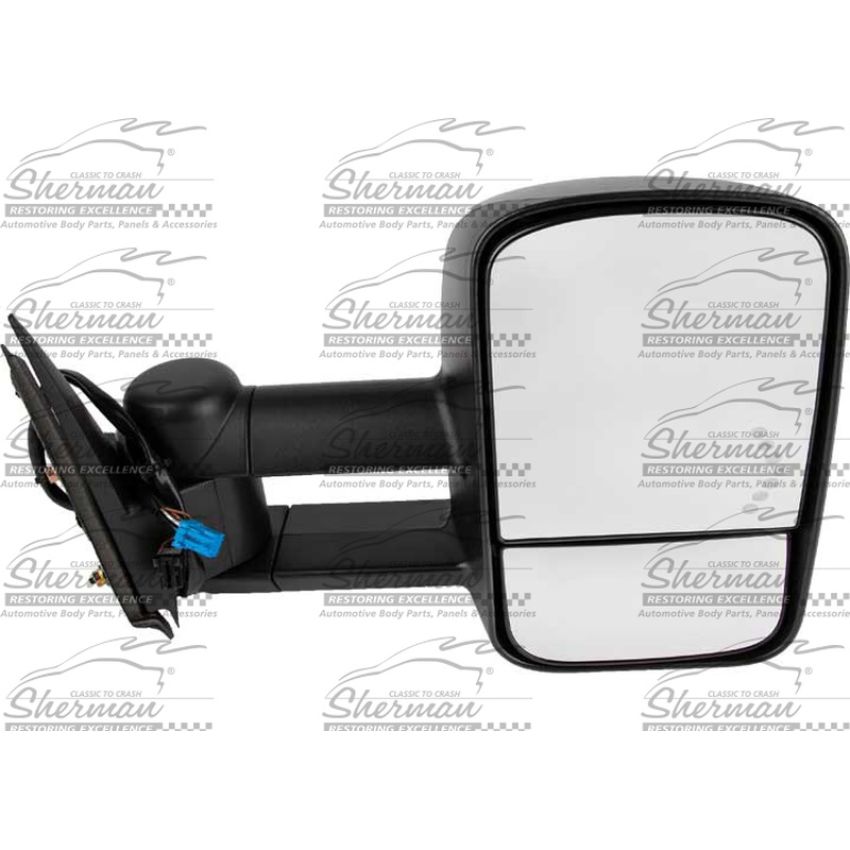 RH DR MIRROR PWR HEATED TEXT BLK MANUAL FLDG TELESCOPIC TOW TYPE W/ SIGNAL IN GLASS SILVERADO 03-07