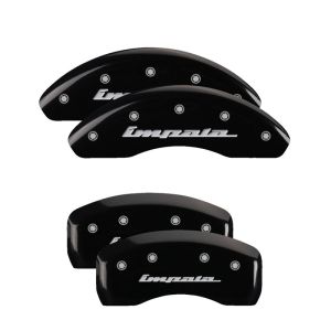 MGP 14223SIMPBK 4 Caliper Covers Engraved Front & Rear Impala Black finish silver ch