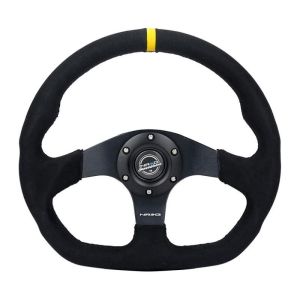 NRG RST-024D-MB-SA-Y Reinforced Steering Wheel (320mm) Sport Alcantara Dual Push Buttons Flat Bottom w/Yellow Center